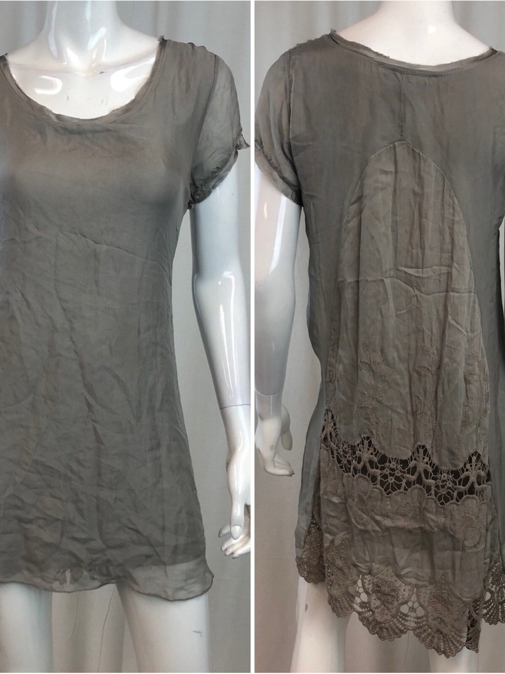 Nicole Italy Gray Silk Floral Crochet Lace Shift Shirt Dress Anthropologie